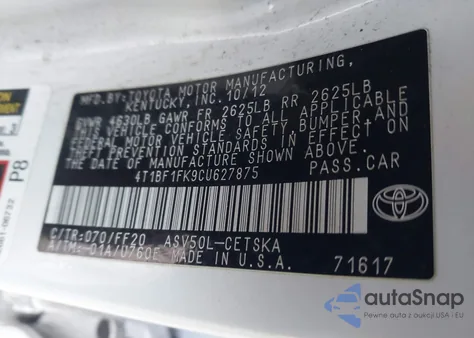 2012 Toyota Camry Se Limited Edition из США, поврежденный, VIN 4T1BF1FK9CU627875